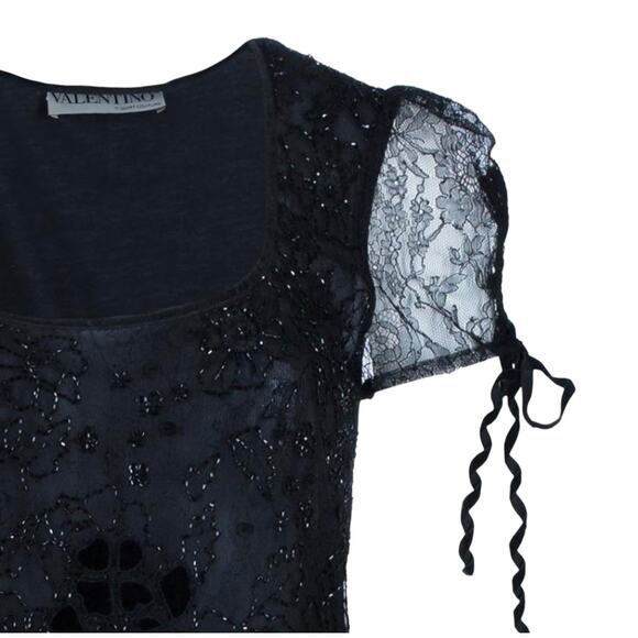 Valentino Black Beaded Square Neck Sheer Short Sleeve Top Size 6 - Picture 7 of 13